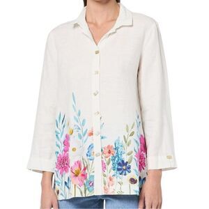 John Mark 100% Linen Floral Border Wire Collar Button‎ Front Size Large